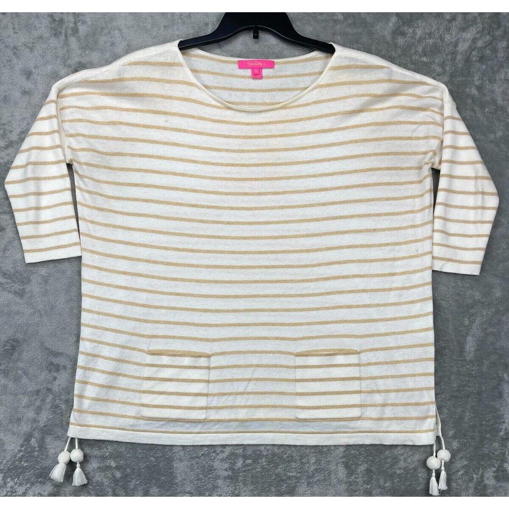Lilly Pulitzer Elba Tunic White w/Stripes Lightweight Sz Medium Pockets Tassels - Picture 1 of 10